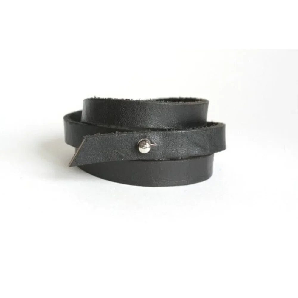 Black Leather Triple Wrap Bracelet with Silvertone Stud Closure
